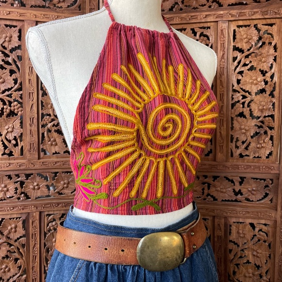 Vintage Coachella Embroidered Striped Red Halter Crop Top Sun & Floral Motif - Picture 6 of 9